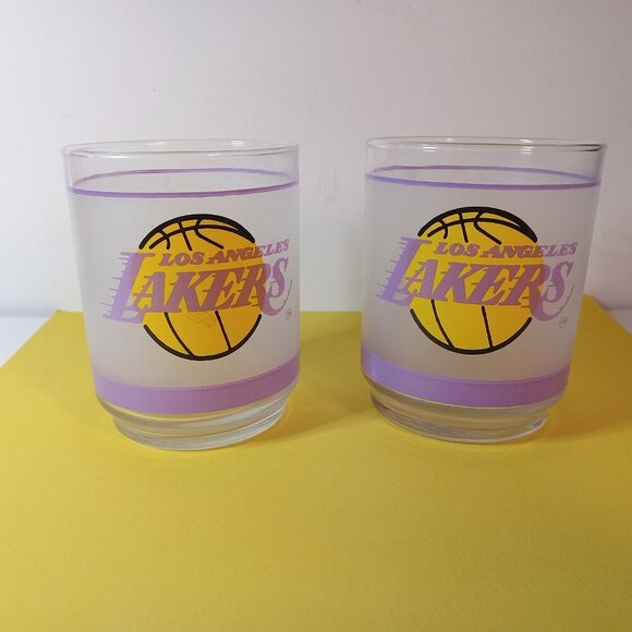Lakers Other - Set of 2 Vintage Los Angeles Lakers Frosted Glasses Mobil ROCKS GLASSES
